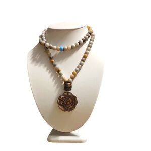 Unique,Vintage Natural Stone Long Necklace with Carved Mother of Pearl Pendant.